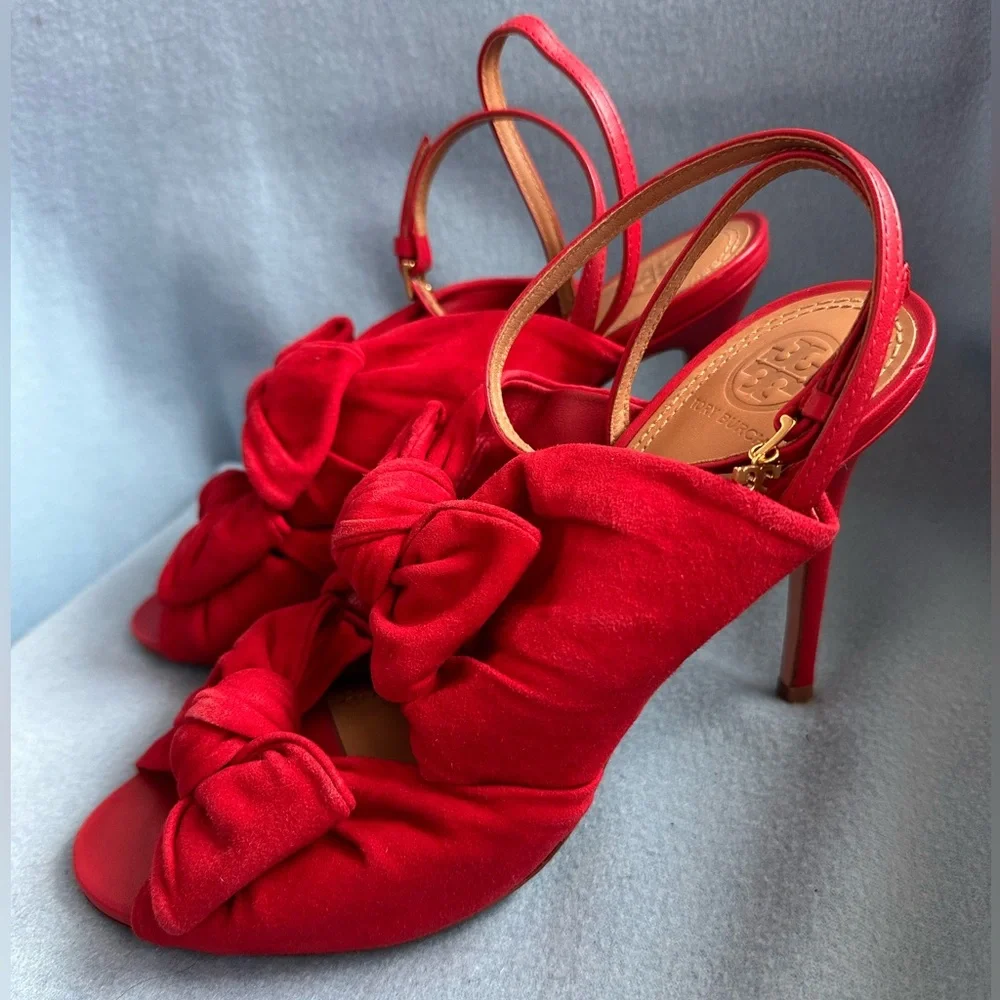 Tory Burch Eleanor 105MM Suede Knotted Sandal In Brilliant Red